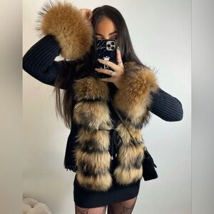 Lux Faux Fur Trim Knit Coatigan - Black with Golden Brown Fur
